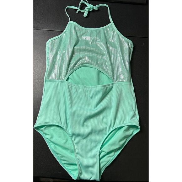 Justice Green Ribbed Cutout One Piece Swimsuit - Picture 1 of 10
